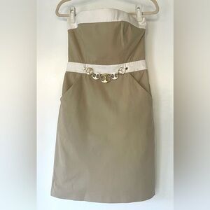 Milly NY cotton strapless dress, beige w/white, pockets, jeweled accent, sz4